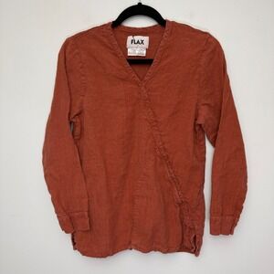 FLAX Rust Orange Linen V Neck Wrap‎ Front Long Sleeve Tunic Top Petite Small